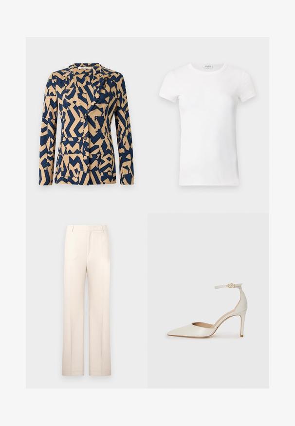 Námornícko-modrá a béžová bunda s abstraktným cik-cak vzorom, jednoradové zapínanie, klopový golier a dva gombíky. Mäkka tkanina.; Biela rebrovaná tričko s krátkym rukávom a okrúhlym výstrihom. Tkanina vyzerá hladko s priliehavým strihom. Značková etiketa je viditeľná na golieri.; Bežové nohavice na mieru so strihom rovného nohavicu, vyrobené z ľahkého materiálu. Obsahujú predné záhyby a klasický pás.; Biele kožené topánky na vysokom podpätku s špicatou špičkou, remienkom okolo členka a štíhlym stiletto podpätkom. Hladký povrch s jemným lesklým povrchom.
