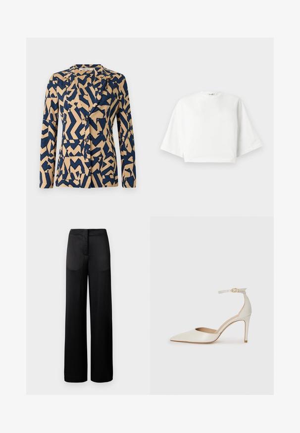 Tumši zila un bēša jaka ar abstraktu zigzaga rakstu, vienkārša piegriezuma dizains, ar grieztiem apkakli un diviem pogām. Mīksta auduma tekstūra.; Balts īsais krekls ar brīvu piegriezumu, platām īsām piedurknēm, apaļu kakla izgriezumu un sānu šķērsojumiem, izgatavots no mīksta kokvilnas auduma.; Platas kājas melnas bikses ar teksturētu virsmu, ar plakanu jostu un divām sānu kabatām. Audums izskatās viegls un plūstošs.; Baltas ādas augstpapēžu kurpes ar smailu purngala daļu, potītes siksniņu un šauru stiletto papēdi. Gluda tekstūra ar smalku spīdumu.