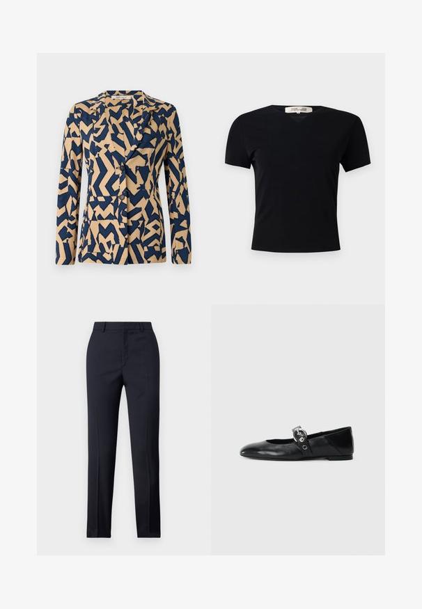 Jakna u tamnoplavoj i bež boji s apstraktnim uzorkom u obliku cik-caka, s jednim redom dugmadi, rever kragnom i dva dugmeta. Mekana tkanina.; Crna kratka majica s kratkim rukavima i V-izrezom, izrađena od glatkog, rastezljivog materijala. Ima jednostavan, klasičan kroj bez ukrasa.; Mornarsko plave krojene hlače ravnog kroja, sa glatkom teksturom, dvije prednje džepove i urednim pojasom.; Crne kožne baletanke s špicastim nosom, s remenom s okruglom metalnom kopčom i ravnim potplatom.