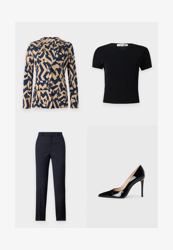 Navigomodra in bež jakna z abstraktnim zigzag vzorcem, enoredna zasnova, ovratnik s špicami in dvema gumboma. Mehka tekstura tkanine.; Črna kratka majica s kratkimi rokavi in V-izrezom, izdelana iz gladkega, raztegljivega materiala. Ima preprost, klasičen kroj brez okrasnih elementov.; Zadnje hlače v mornarično modri barvi s ravnim krojem, ki imajo gladko teksturo, dve sprednji žepki in čisto pasnico.; Črne patent usnjene visoke pete s koničastim dizajnom in elegantno silhueto. Imajo gladko, sijočo površino in ozko stiletto peto.