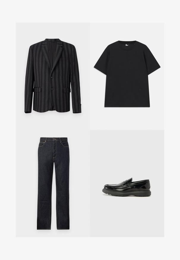 Black striped suit jacket with a notched lapel, two front pockets, and single-button closure. The fabric has a smooth texture with subtle sheen.; Black short-sleeve t-shirt made of cotton, featuring a round neckline and a small logo detail near the hem. Smooth texture, regular fit.; Dark denim jeans with a straight-leg cut, contrasting yellow stitching, five-pocket design, and a front button closure.; Black leather loafer with a glossy finish, rounded toe, subtle stitching details, and a thick rubber sole for durability.