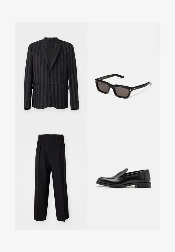 Melnas svītrotas uzvalka jakas ar iegrieztiem laçiem, divām priekšējām kabatām un viena pogas aizdari. Audums ir gluds ar smalku spīdumu.; Tumši zilas krāsas kokvilnas t-krekls ar apaļu kakla izgriezumu un īsām piedurknēm, ar gludu tekstūru un vienkāršu dizainu, bez redzamām rakstu vai akcentiem.; Melnas plisētās bikses ar taisnu, plata kāja dizainu. Izgatavotas no gludas auduma, ar pogu aizdari un jostas cilpiņām.; Melnas ādas kurpes ar gludu tekstūru, noapaļu purngalu un dekoratīvu siksniņu pāri priekšpusei. Zems sakrauts papēdis, minimālisma dizains.; Melnas taisnstūra formas saulesbrilles ar tumšiem stikliem, bieza plastmasas rāmja, zelta akcenti pie tempļiem un zīmola logo iegravēts roku daļā.