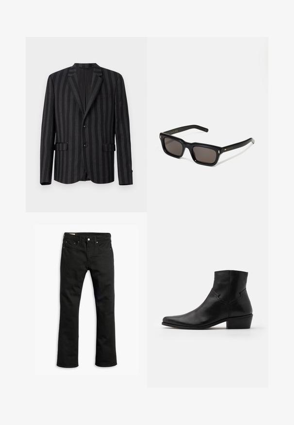 Black striped suit jacket with a notched lapel, two front pockets, and single-button closure. The fabric has a smooth texture with subtle sheen.; White ribbed tank top featuring a silver chain graphic with two dog tags displaying text: "HATE" and "COMPASSION."; Black denim jeans with a straight leg design, five pockets, metal button closure, and subtle stitching details. Smooth texture and solid color.; Black leather ankle boot with a pointed toe, minimal stitching details, a mid-height block heel, and a smooth, polished finish.; Black rectangular sunglasses with dark lenses, thick plastic frame, gold accents on temples, and brand logo engraved on the arm.