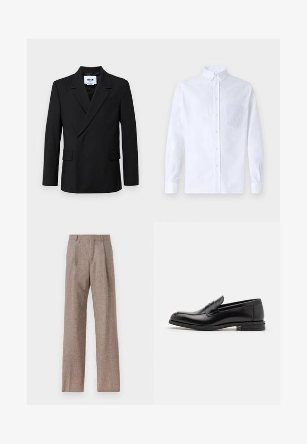 MSGM Puvuntakki - black; Valkoinen pitkähihaista napillista paitaa, joka on valmistettu puuvillasta. Paita sisältää rinnan kohdalla taskun, jossa on samaa sävyä oleva brodeeraus, kauluksen sekä napilliset hihansuut.; Ruskejat, korkeavyötäröiset housut, jotka on valmistettu teksturoidusta kankaasta. Ominaisuuksina ovat leveät lahkeet ja kaksi etupuolelle ommeltua laskosta rakenteen tukemiseksi. Siisti viimeistely ilman näkyvää metalliosaa.; Mustat nahkakengät, joissa on sileä pinta, pyöreä kärki ja koristeellinen nauha jalkapöydän yli. Matala pinoitu koroke, minimalistinen muotoilu.