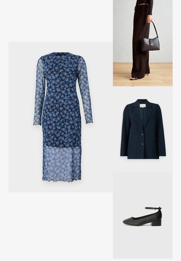 Jūras spēku žakete, kas izgatavota no gludas auduma, ar vienrindu dizainu, iedobta apkakles, diviem pogām un sānu kabatām ērtībai.; Garā piedurkne kleita tumši zila ar caurspīdīgu audumu, ar gaismas zila ziedu rakstu, noapaļotu kakla izgriezumu un viļņotām malām.; Melnas ādas sūkņi ar smailu purngalu un zemu bloku papēdi. Iezīmēts ar potītes siksniņu ar zelta krāsas sprādzi. Gluda tekstūra.; Melnā somiņa ar strukturētu formu, gludu tekstūru un metālu sprādzi. Saskaņota ar platām melnām biksēm un sandālēm ar atvērtu purngalu uz koka grīdas.