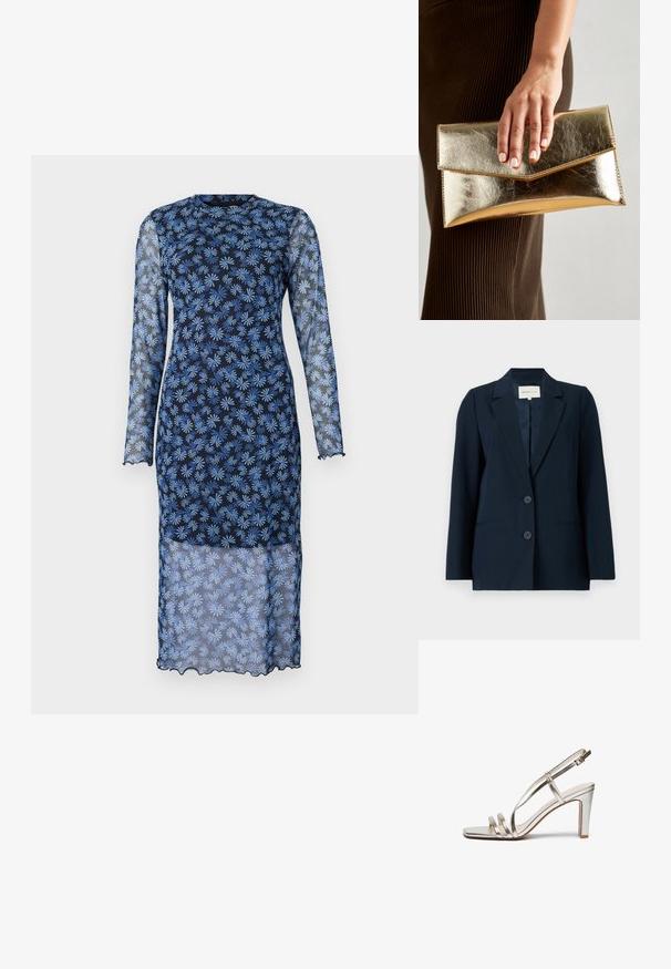 Granatowa marynarka wykonana z gładkiego materiału, z jednorzędowym zapięciem, z klapami, dwiema guzikami i bocznymi kieszeniami dla praktyczności.; Długa sukienka z długim rękawem w ciemnym granacie z przezroczystego materiału, z kwiatowym wzorem w jasnoniebieskim kolorze, okrągłym dekoltem i falbaniastymi brzegami.; Srebrne metaliczne sandały na wysokim obcasie z odkrytymi palcami, z trzema cienkimi paskami na stopie i paskiem na kostkę z klamrą.; Złota metaliczna kopertówka o gładkiej teksturze, z trójkątnym zapięciem na klapkę. Ręka trzymająca torbę ma starannie wypielęgnowane paznokcie.