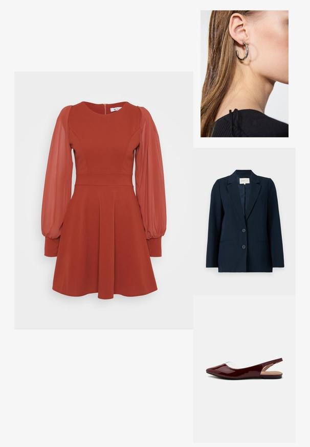 Marinblazer tillverkad av slättyg, med en enknäppt design, spetsiga slag, två knappar och sidofickor för funktionalitet.; Röd klänning med korta puffärmar i genomskinligt tyg, åtsittande liv, utsvängd kjol och dragkedja bak. Tillverkad av texturerat tyg med en slät yta.; Burgunderfärgade lackade slingback-lägenheter med spetsig tå, transparent utskärning och en plan svart sula. Slät textur, minimalistisk design.; Silverfärgad metallisk kuvertväska med en vinkelrät design, slät textur och kontrasterande innervärd, hålls i en hand som bär en svart kappa.; Silverörhänge med polerad yta, med små detaljer i guld och rund form, bärs på loben.