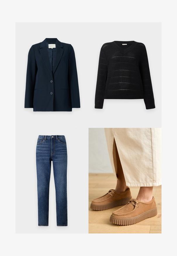 Námornícky blejzer vyrobený z hladkého materiálu, s jednoradovým strihom, s klopami, dvoma gombíkmi a bočnými vreckami pre funkčnosť.; TOM TAILOR DENIM V NECK - Svetrík - deep black; Džínsy s vysokým pásom, modré, s rovnými nohavicami, ktoré majú jemné oprania, jednoprevodový zapínací gombík a dizajn s piatimi vreckami.; Svetlé kožené topánky s textúrovaným povrchom, okrúhlou špičkou a hrubými, zúbkovanými podrážkami. Šnúrky a detaily šitia zvýrazňujú dizajn.