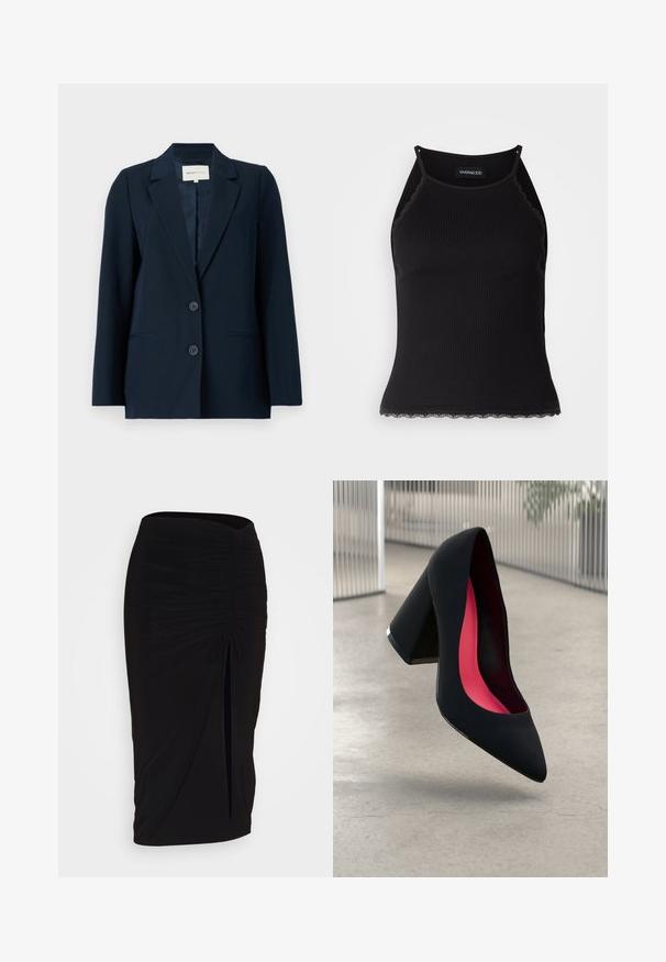 Granatowa marynarka wykonana z gładkiego materiału, z jednorzędowym zapięciem, z klapami, dwiema guzikami i bocznymi kieszeniami dla praktyczności.; Czarny ribbed top na ramiączkach z falbaniastym koronkowym wykończeniem u dołu. Posiada cienkie ramiączka i dopasowany krój. Wykonany z rozciągliwego materiału.; Czarna, marszczona spódnica typu ołówkowego z węzłem i bocznym rozcięciem. Wykonana z elastycznego materiału, o gładkiej fakturze i dopasowanym kroju.; Czarna szpilka o spiczastym nosie, z teksturowaną powierzchnią i intensywnie różowym wnętrzem. Posiada masywny obcas z srebrnym akcentem.