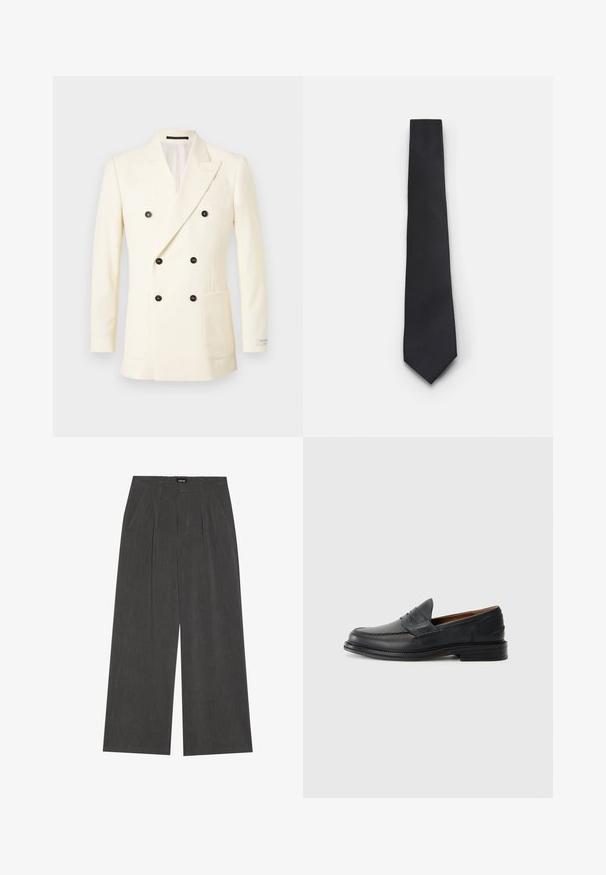 Dubbel-breasted blazer in roomkleur met verticale strepen, voorzien van zwarte knopen, gespiegelde revers en praktische zijzakken.; Zwarte cardigan met een v-hals, knoopsluiting en zachte brei-textuur. Gelaagd over een grijze shirt, met een gestreept patroon eronder.; Witte lange mouwen overhemd met knopen, gemaakt van glad katoen. Heeft een klassieke kraag en een knoopsluiting aan de voorkant met een rechte zoom.; Wijde broek in donkergrijs stof, met een geplooide voorkant, twee zijzakken en een vlakke tailleband. Glad oppervlak en gepaste ontwerpelementen.; Zwarte leren instappers met een gestikt ontwerp, ronde neus, lage gestapelde hak en slip-on stijl. Gladde textuur met een lichte glans.; Smalle zwarte stropdas met een gestructureerd, diagonaal ribbelpatroon. Beschikt over een spitse punt en een gladde afwerking. Geschikt voor formele kleding.