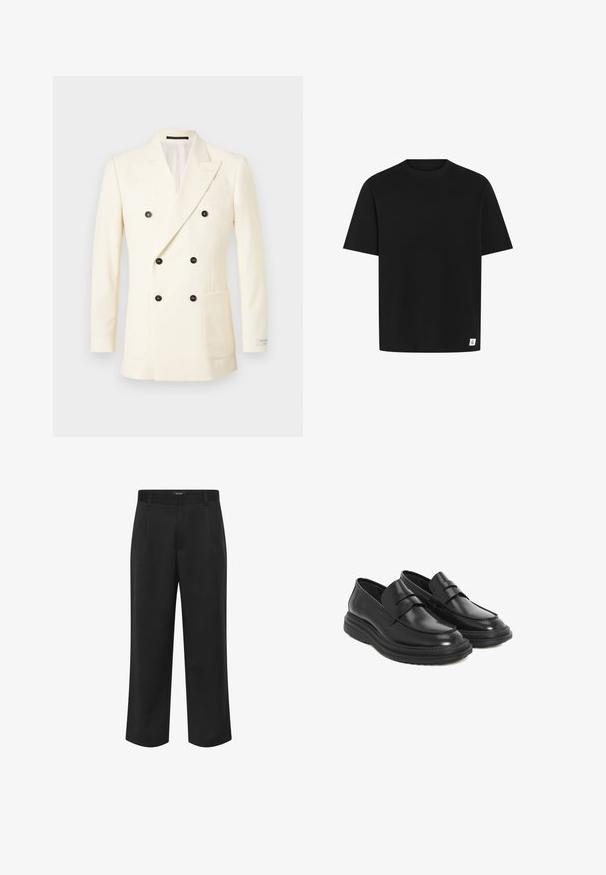Dvolapna blazer v kremni barvi s vertikalnimi črtami, opremljen z črnimi gumbi, jezikastimi reverji in praktičnimi stranskimi žepi.; Črna bombažna majica s kratkimi rokavi in okruglim izrezom. Ima majhno oznako blagovne znamke na robu. Preprost dizajn, gladka tekstura.; Črne hlače iz tkanega blaga, z naravnim krojem in s stranskimi žepi ter gladko teksturo. Primerne za formalno ali priložnostno nošenje.; Črne usnjene loafer čevlje z zaobljenim prstom, všitimi detajli in platformo iz gumene podplati. Imajo dekorativni pas, ki prečka vamp.