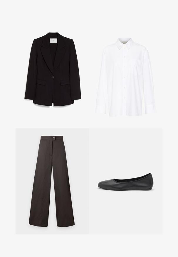 Melnas bleizera jakas ar asām atlokām, vienu pogu un divām priekšējām kabatām. Gluda auduma pārklājums ar strukturētu siluetu un smalkām šuvēm.; Baltais garo piedurkņu krekls ar apkakli, izgatavots no kokvilnas. Aprīkots ar pogu aizdari priekšā un vienu krūšu kabatu. Gluda tekstūra, brīvs piegriezums.; Melnas plašās bikses ar gludu tekstūru, ar priekšējo pogu aizdari un vienkāršu, tīru dizainu. Nav manāmas nekādas rakstu vai akcentu detaļas.; Melna ādas baleta kurpe ar noapaļotu purngalu, gludu tekstūru, minimālu šuvju detalizāciju un elastīgu zoles dizainu.