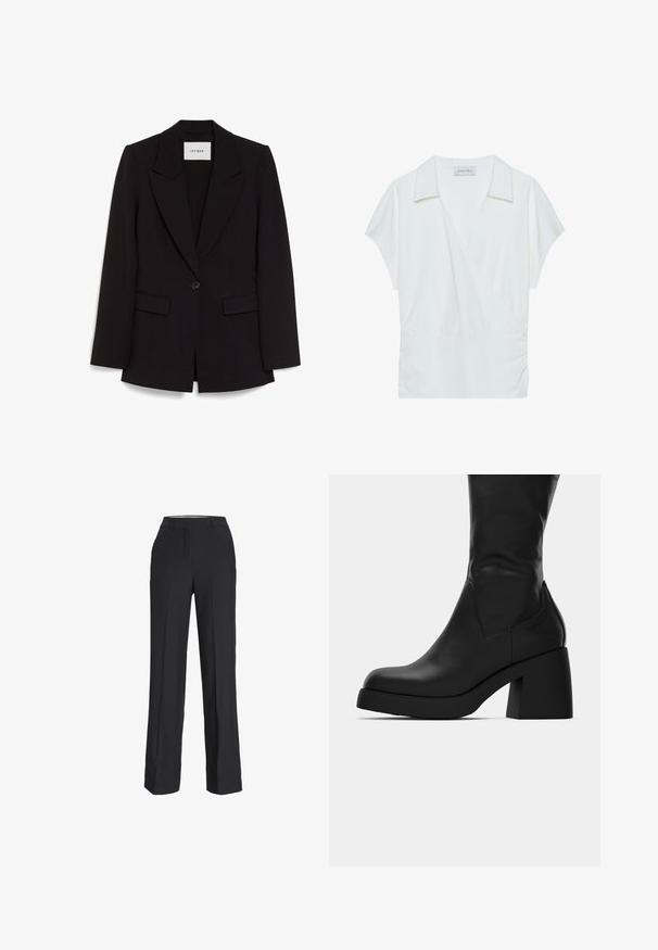 Czarna marynarka z ostrymi klapami, na jeden przycisk, z dwiema przednimi kieszeniami. Gładki materiał o wyraźnej sylwetce z subtelnymi detalami ściegów.; Biała bluzka zapinana na kołnierz wykonana z gładkiego materiału, z krótkimi rękawami i marszczeniem w talii, zapewniająca swobodny krój.; Czarne, wysokie spodnie o prostym kroju nogawki. Wykonane z gładkiego materiału, z przodu z zaszewkami i bocznymi kieszeniami.; Czarna skórzana botka do połowy łydki z masywnym słupkiem i okrągłym noskiem, przedstawiona w profilu bocznym na białym tle.
