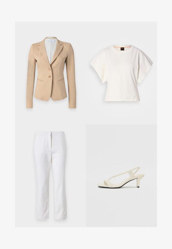 Bežs bleizeris ar slaidu piegriezumu, ar atniedzošiem uzlakumiem, divām priekšējām pogām un vertikālām kabatām. Gluda auduma ar pielāgotu dizainu.; Balts īsais T-krekls, plašas īsas piedurknes, mīksts kokvilnas materiāls, apaļa kakla izgriezums ar delikātu oranžu apdari, minimāls dizains, bez rakstiem vai grafikām.; Baltas kokvilnas bikses ar taisnu kāju dizainu, ar vidēju augstumu un bez redzamām detaļām vai rakstiem. Visā virsmā ir gluda tekstūra.; Beige bloku papēžu sandales ar plānām siksnām un kvadrāta formas purngalu. Gluda materiāla virsma ar minimālām detaļām, paredzētas ērtai nēsāšanai.