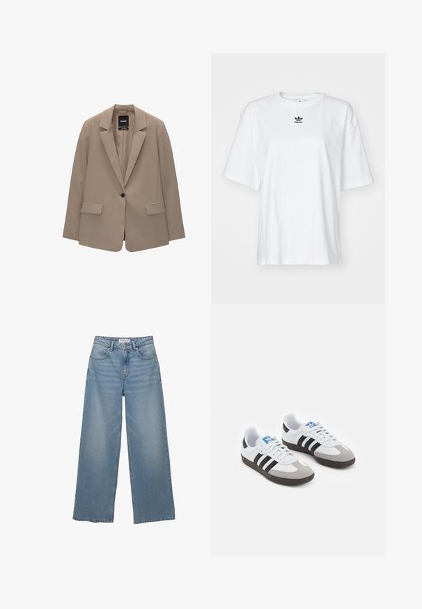 Beige blazer met op maat gemaakte pasvorm, enkele knoopsluiting, notch revers en twee voorzakken. Gladde textuur, minimalistisch ontwerp.; Witte korte mouwen t-shirt van katoen. Voorzien van een ronde hals en een klein zwart Adidas-logo op de borst. Rechthoekige zoom.; Lichtblauwe wijde jeans van denim. Heeft een hoge taille, vijf zakken en een rechte pasvorm met minimale vervaging.; Sportschoenen met een witte leren bovenkant, grijze suède neus en drie zwarte strepen. Bevat een blauw logo op de tong en een gestructureerde rubberen zool.