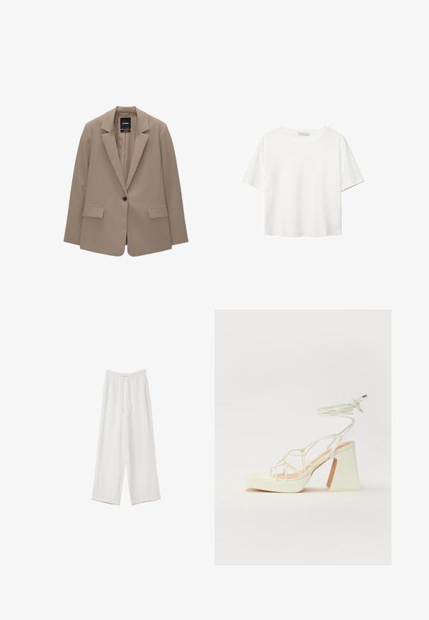 Beige blazer with a tailored fit, single button closure, notch lapels, and two front pockets. Smooth texture, minimalistic design.; White short-sleeve t-shirt made of cotton. Features a crew neckline and a relaxed fit. Smooth texture with no visible patterns or accents.; White wide-leg trousers made from a lightweight fabric. Features an elastic waistband with a drawstring and side pockets. Smooth texture.; White high-heeled sandal with a chunky heel, featuring a strappy design and ankle tie. Smooth texture with a platform front for added height.