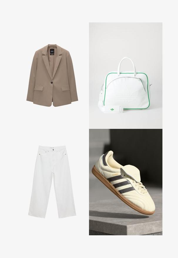 Blazer beige avec une coupe ajustée, fermeture à un bouton, revers crantés, et deux poches avant. Texture lisse, design minimaliste.; T-shirt blanc en tissu ribbé, avec un large col en scoop et des manches courtes. Design simple sans motifs ni accents.; Jean large blanc en denim avec taille haute, comportant cinq poches et des accents en métal. Texture lisse, sans motifs visibles.; Baskets en cuir crème avec trois bandes sombres, une semelle extérieure en gomme marron et un bout arrondi. Présentent une languette pliable étiquetée "SAMBA."; Sac en cuir blanc avec des garnitures vertes, doté d'un logo en relief bien visible, de poignées doubles, d'une bandoulière amovible et d'une poche frontale zippée.