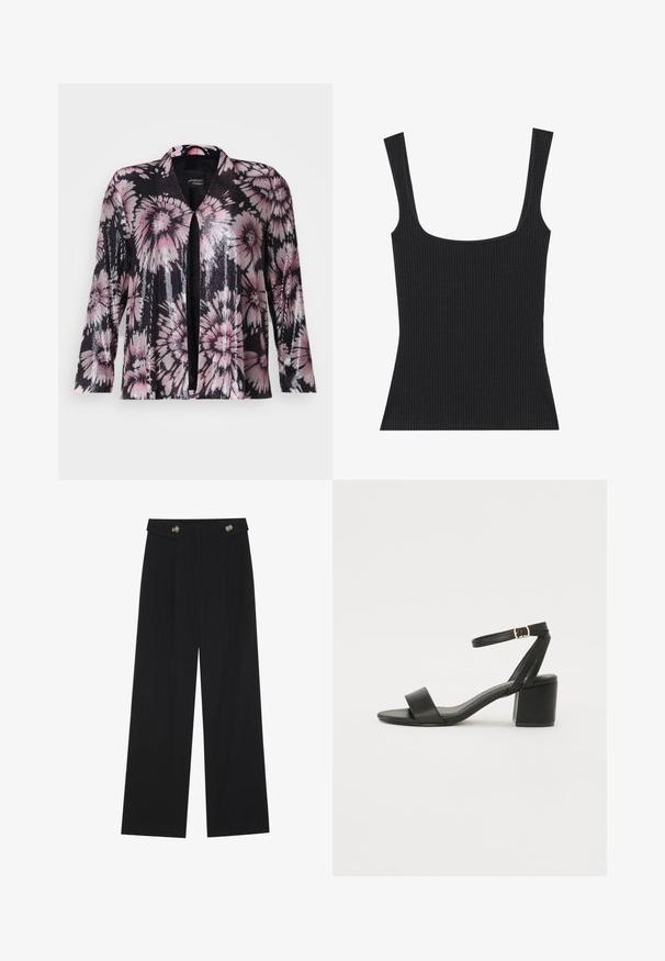 Mustmust värviline kardigan, millel on roosa ja hõbedase sära aktsent, avatud esiosa disain ja kolmeveerandi varrukad koos tekstureeritud viimistlusega.; Musthave mustriba tank top ruudukujulise käisega ja peenete, reguleeritavate rihmadega. Kangas on tekstuuriga ja istub hästi.; Mustad laiad püksid kõrge vöökoha ja nööpdetailidega vööandil, esikortsudega.; Mustad mustakäpp featuring a sileda nahast ülemine osa, avatud varvas, laiad esistrapid ja reguleeritav pahkluu rihm kuldse pandlaga.