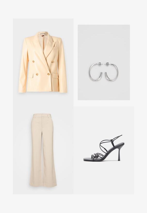 Beige kaksirivinen bleiseri, jossa on kiiltävä pinta, lovet kaulukset, kultasävyiset napit ja kaksi etutaskua. Valmistettu sileästä kankaasta.; Mustapohja läpinäkyvä pusero, jossa on brodeerattu kukkakuosi, pitkät hihat, nappisuljenta ja sidontakiinnitys kaula-aukossa. Teksturoitu kangas, lyhennetty malli.; Beige levelek pantsa, jotka ovat sileätekstuuriset ja joissa on korkea vyötärö sekä kaksi etutaskua. Siisti muotoilu ja istuva malli.; Mustat korkokengät sandaalit, joissa on ohuet hihnat solmittuna, sileä neliön muotoinen varvasosa ja tyylikäs stiletto-korko.; Hopehopeet hopehopeet hopehopeet hopehopeet, jolla on sileä, kiiltävä pinta. Pyöreä muoto, kevyt rakenne, jossa on neulakiinnitys.