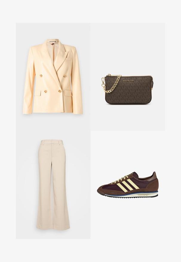 Blazer beige de doble botonadura con un acabado brillante, solapas con muesca, botones en tono dorado y dos bolsillos frontales. Fabricado con un tejido suave.; Camiseta sin mangas de rayas blancas con un logotipo negro bordado centrado en el pecho. El escote y las sisas están terminados con un sutil ribete.; Pantalones de pierna ancha beige con una textura suave, que presentan una cintura alta y dos bolsillos frontales. Diseño limpio con un ajuste entallado.; Deportivas marrones y burdeos con materiales de ante y malla, con tres franjas crema, tela texturizada en la lengüeta y suela de goma.; Bolso bandolera de cuero marrón con patrón de logotipos, correa de cadena dorada, cierre de cremallera y detalles en dorado. Forma compacta y rectangular.