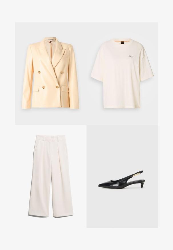 Beige double-breasted blazer with a shiny finish, notched lapels, gold-tone buttons, and two front pockets. Made from a smooth fabric.; White oversized T-shirt made of soft fabric, featuring a round neck and short sleeves, with a small black "Boss" logo on the front.; Wide-leg trousers in a light cream color, made of smooth fabric with two front pockets and visible stitching on the waistband.; Black leather slingback heels with a pointed toe, featuring a slim heel and a gold-tone accent on the adjustable strap. Smooth texture.