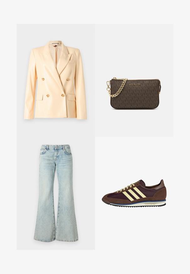Blazer beige à double boutonnage avec une finition brillante, revers crantés, boutons dorés et deux poches avant. Fabriqué en tissu lisse.; T-shirt blanc à manches courtes en tissu côtelé. Col rond, coupe régulière et détails de couture subtils. Aucune motif ni graphique.; Jeans évasés bleu clair en denim, avec une taille haute, des poches et des ourlets effilochés. Le tissu présente un délavage usé et une texture subtile.; Baskets marron et bordeaux avec des matériaux en daim et en maille, présentant trois rayures crème, un tissu texturé sur la languette et une semelle en caoutchouc.; Sac en cuir brun à bandoulière avec motif logo, bandoulière en chaîne dorée, fermeture éclair et accents de quincaillerie dorée. Forme compacte et rectangulaire.