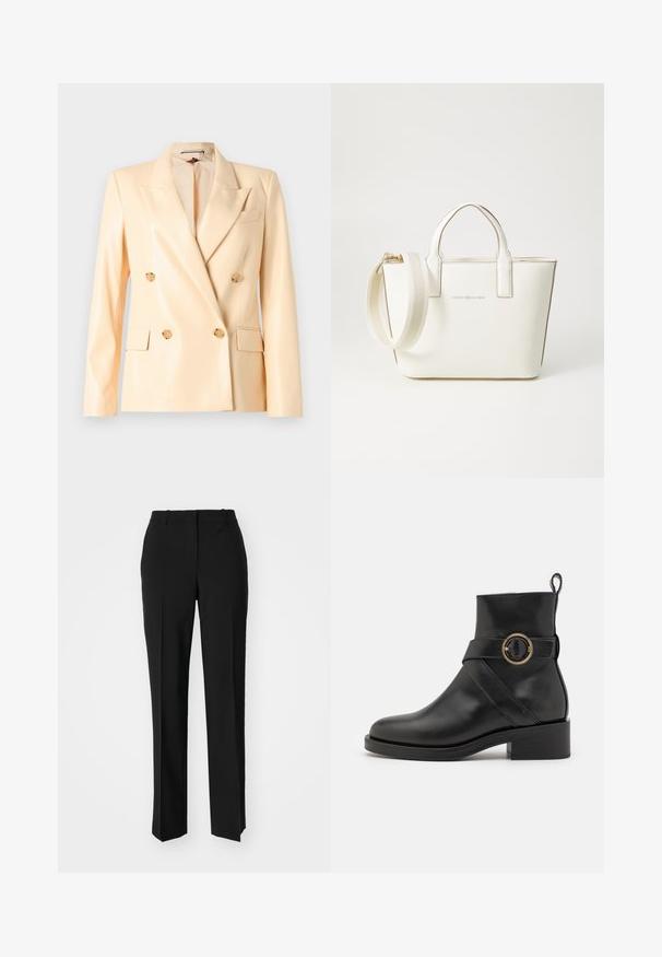 Blazer beige à double boutonnage avec une finition brillante, revers crantés, boutons dorés et deux poches avant. Fabriqué en tissu lisse.; T-shirt en coton noir avec un col rond, des manches courtes et un logo brodé sur la poitrine. Coupe simple et décontractée sans motifs.; Pantalon noir ajusté avec une coupe droite, présentant une texture lisse et des plis nets sur le devant. Aucune quincaillerie visible.; BOSS IRYNA BOOTIE - Bottines à plateau - black; Sac à main en simili cuir blanc avec de courtes poignées, une bandoulière réglable et des garnitures en ton or ; arbore un logo subtil à l'avant.