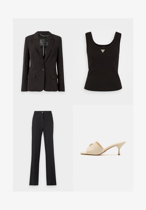 Musta räätälöity bleiseri, jossa on viistetyt läpät, yksittäinen napitus, kaksi etutaskua ja sisätagin yksityiskohtia. Sujuva kangaspuoli.; Mustaa ribbitaustalla varustettu hihaton toppi, jossa on pyöreä kaula-aukko ja pieni kolmion muotoinen logo hopeisilla yksityiskohdilla keskellä etuosaa. Muotoiltu malli ilman hihoja.; musta, räätälöity suoralahkeinen housu. Varustettu napilla suljettavalla vyötäröllä, vyönlenkeillä ja sileällä, mattaisella pinnalla.; Beige patent leather open-toe mule sandal dengan tumit stiletto rendah. Memiliki aksen dekoratif di bagian atas. Permukaan halus dan mengkilap.