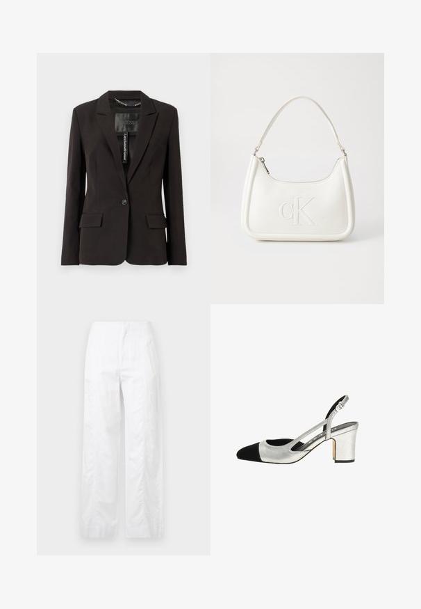 Črni prirejeni blazer z izrezanimi reverji, z enim gumbom, dvema sprednjima žepoma in notranjim oznakami. Gladko blago.; Bela majica z dolgimi rokavi iz ribane tkanine, s krožnim izrezom in majhnim pravokotnim logotipom na sredini.; Bela široka hlače iz lahkega materiala, ki se ponašajo z gladko teksturo, čistimi linijami in visokim pasom.; Srebrni slingback čevlji z črnim kapo in teksturirano zgornjo površino, ter blok peto. Imajo izrezane stranske dele in nastavljiv trak za prilagajanje.; Bela usnjena torbica s ukrivljeno obliko, ki na sprednji strani nosi vžgano logo "CK" in ima eno naramnico. Zadrga za zapiranje na vrhu.