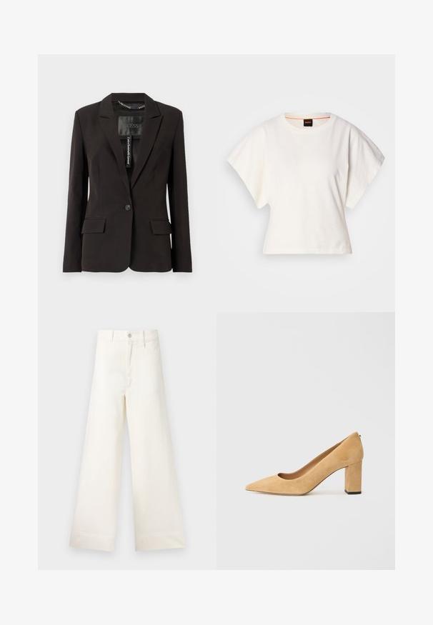 Svart skreddersydd blazer med klippte lapels, enkel knappåpning, to frontlommer og innvendig merking. Glatt stofftekstur.; Hvit cropped T-skjorte, korte vide ermer, myk bomullsmateriale, rund halslinning med subtilt oransje kantbånd, minimalistisk design, uten mønstre eller grafikk.; Vide bukser i lys beige bomull. Har høy midje, frontlommer og rett passform. Renslig søm uten mønstre.; Beige semskede høyhælte pumper med spiss tå og chunky blokkhels. Materialet har en myk tekstur med en jevn finish.