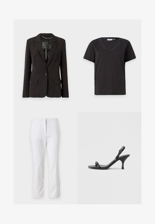 Černé upravené sako s klopami, jedním knoflíkem, dvěma předními kapsami a detaily vnitřního štítku. Hladká textura látky.; Černé bavlněné tričko s výstřihem do V a krátkým rukávem. Jednoduchý design s klasickým střihem bez vzorů nebo akcentů.; Bílé bavlněné kalhoty s rovnou nohavicou, s středně vysokým pasem a bez viditelných kovových prvků nebo vzorů. Hladká textura po celém povrchu.; Černé kožené sandály na vysokém podpatku s úzkým, zakřiveným podpatkem a designem s překříženými popruhy. Nastavitelný pásek kolem kotníku. Hladký povrch.