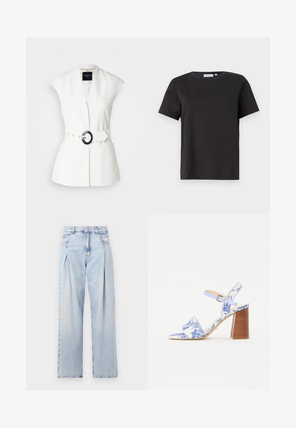 MARCIANO BY GUESS Blazer - white; Sort bomulds T-shirt med korte ærmer, rund halsudskæring og et enkelt, rent design. Ingen synlige mønstre eller udsmykninger.; Lyseblå denim jeans med høj talje, bred benåbning, to sidelommer og plisseret design. Blød tekstur med et falmet finish.; Blå blomstrede sandaler med firkantet tå, bred rem og justerbar ankelrem, med en tekstureret træblokhæl.