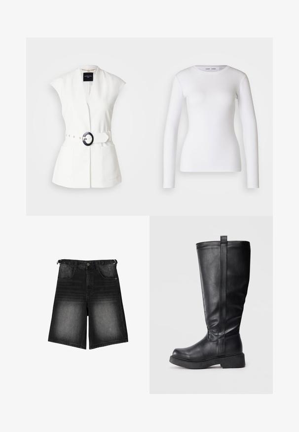 MARCIANO BY GUESS Blazer - white; Witte longsleeve shirt van ribstof, met een ronde halslijn en een getailleerde vorm. Er zijn geen patronen of accenten aanwezig.; Zwarte denim shorts met een verwassen afwerking, vijf zakken, een knoopsluiting en riemlussen. De stof heeft een gladde textuur.; Zwarte kniehoge laarzen van soepel leer met een platte zool, voorzien van een zijnaad en een klein trekbandje aan de bovenkant voor gemakkelijk aan- en uittrekken.