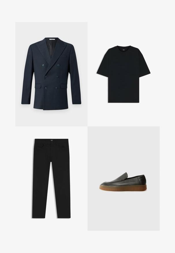 Blazer doppiopetto navy in tessuto texturizzato, dotato di ampi revers, quattro bottoni blu e due tasche frontali con un sottile motivo a scacchi.; Maglietta in cotone nera con scollatura rotonda e maniche corte. Presenta una vestibilità ampia e un design semplice senza motivi o dettagli.; Pantaloni in denim nero con taglio dritto, dotati di vita standard, cinque tasche e chiusura con bottone. Texture liscia su tutta la superficie.; Calvin Klein HYBRID CUP - Scarpe senza lacci - after dark