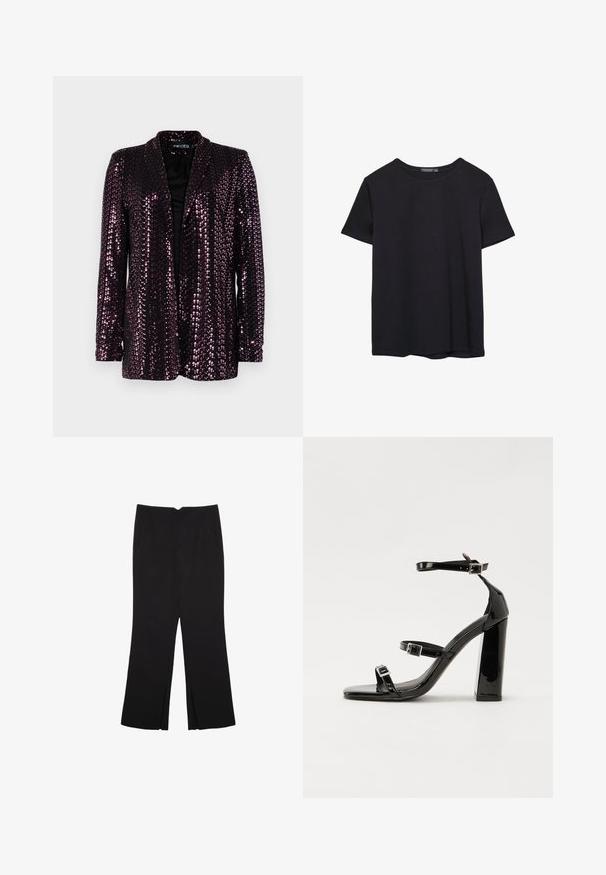 Bleščeča blazer jakna v temno vijolični barvi z črno podlogo. Ima zarezan ovratnik in dolge rokave, ki prikazujejo sijočo, teksturirano površino.; Enostavna črna bombažna majica s kratkimi rokavi in okroglim izrezom, prikazana na belem ozadju.; Črne hlače ravnega kroja z naglavnimi žepi in stranskimi razporki na robu. Narejene iz mehke, gladke tkanine. Primerne za različne priložnosti.; Črne lakaste sandale z visokimi petami, z dvema trakovoma z zaponkama, kvadratnim sprednjim delom in masivno širšo peto, z gladko, sijočo teksturo.
