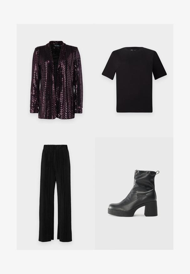 Bleščeča blazer jakna v temno vijolični barvi z črno podlogo. Ima zarezan ovratnik in dolge rokave, ki prikazujejo sijočo, teksturirano površino.; Črna majica s kratkimi rokavi in okroglim izrezom, izdelana iz mehkega bombažnega materiala. Preprost dizajn, brez vidnih logotipov ali vzorcev.; Črne plisirane hlače z elastičnim pasom. Imajo široke noge in gladko, teksturirano tkanino z navpičnimi črtami.; Črne gležnjarje iz gladke kože z božnim zadrgo, masivnim teksturiranim peto in zaobljeno obliko prstov.