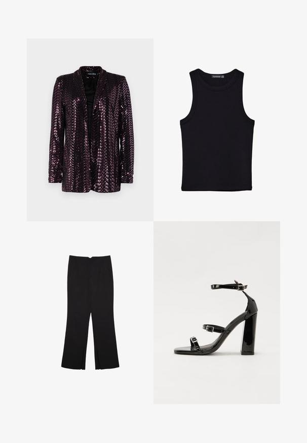 Glittrig kavaj i mörklila med svart foder. Har slagkrage och långa ärmar, med en glänsande, texturerad yta.; Svart linne i bomull, med rund halsringning och breda armhål. Slät yta med sydda fållar. Klassisk, minimalistisk design.; Svarta byxor med rak passform, utrustade med framfickor och sidoklyvningar vid fållen. Tillverkade av mjukt, slätt tyg. Lämpliga för olika tillfällen.; Svarta lackerade högklackade sandaler med två spännband, fyrkantig tå och en tjock klack, med en slät och glansig yta.