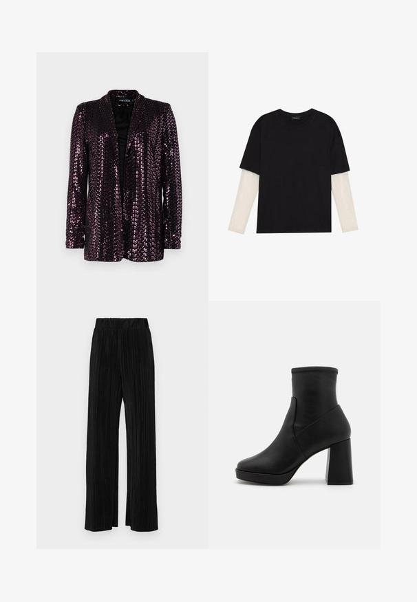 Tumši purpursarkans žakets ar melnu oderi. Tam ir izgriezta apkakle un garas piedurknes, kas izceļ mirdzošu, teksturētu virsmu.; Melna kokvilnas T-kreklu ar īsām piedurknēm, virs baltas garām piedurknēm ar smalku teksturētu rakstu. Apaļas kakla izgriezuma dizains.; Melni plīšu bikses ar elastīgu jostu. Tām ir platākas kājas un gluda, teksturēta auduma ar vertikālām svītrām.; Melnas ādas potītes zābaki ar augstu bloku papēdi, gludu tekstūru un pieguļošu augšpusi. Satur bezšuvju dizainu bez redzamām aizdares detaļām.