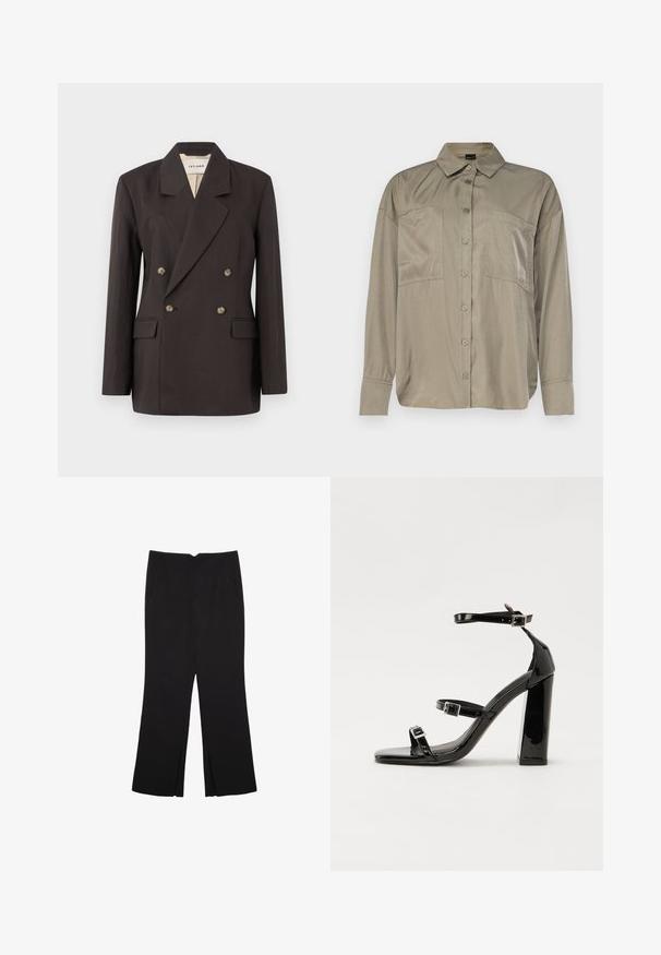 Mörkbrun dubbelknäppt kavaj med slag, två framfickor och ljusfärgad foder. Tillverkad av ett slätt, strukturerat tyg.; Olivgrön långärmad skjorta i ett mjukt, lätt tyg. Har knäppning framtill, spetsig krage och två bröstfickor.; Svarta byxor med rak passform, utrustade med framfickor och sidoklyvningar vid fållen. Tillverkade av mjukt, slätt tyg. Lämpliga för olika tillfällen.; Svarta lackerade högklackade sandaler med två spännband, fyrkantig tå och en tjock klack, med en slät och glansig yta.