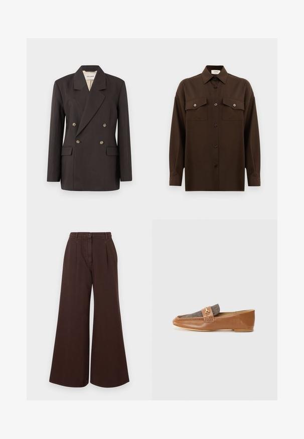 Temno rjav dvoredni blazer z izrezanimi reverji, dvema sprednjima žepoma in svetlo oblogo. Narejen je iz gladke, trdne tkanine.; Temno rjav srajca z dolgimi rokavi na gumbe, z dvema žepoma na prsih in klasičnim ovratnikom, prikazana na enotni beli podlagi.; Svetle rjave hlače širokega kroja z visokim pasom, z zaponko in zadrgo, z zankami za pas in sprednjimi gubami.; Rjave usnjene loafers čevlje z strukturiranim rjavim tkaninskim panelom in zlatim okrasnim elementom. Ozka zasnova in šivani detajli na straneh.