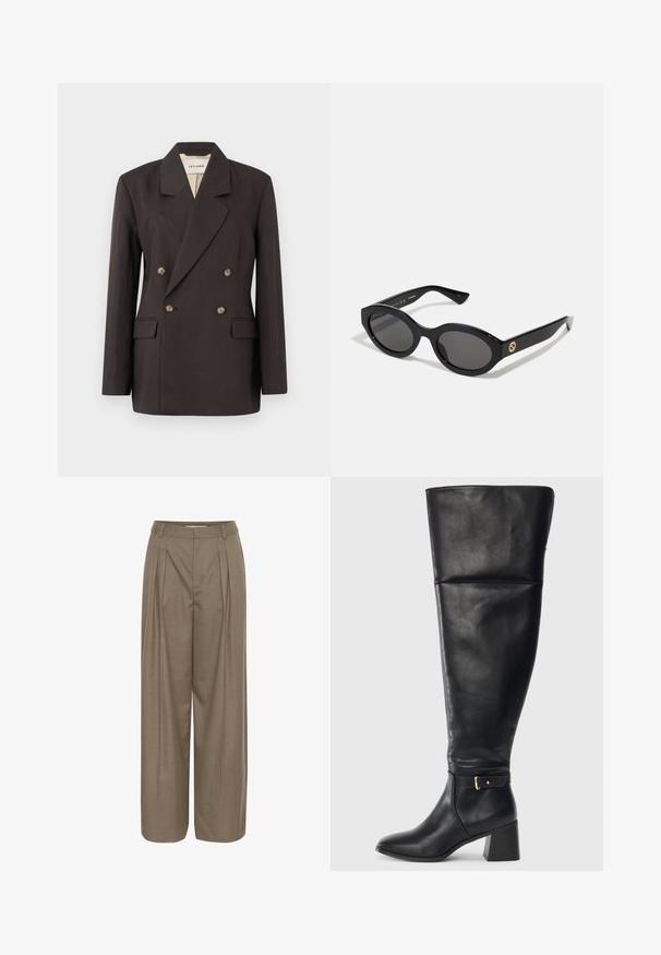 Dark brown double-breasted blazer with notched lapels, two front pockets, and light-colored lining. Made from a smooth, structured fabric.; Long-sleeve turtleneck top in a light beige color. Made of soft, stretchy fabric with a relaxed fit and a fold-over neckline.; Pleated wide-leg trousers in a light brown fabric, featuring a structured waistband and a smooth texture, designed for comfort and versatility.; Black knee-high leather boot with block heel and decorative strap with gold buckle above the ankle, side view on white background.; Black oval sunglasses with dark lenses and glossy plastic frame. Features gold logo on the temple, offering a sleek and modern design.