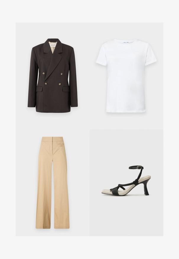 Tamsiai ruda dvigubo užtrauktuko švarkas su įpjovomis apykaklėmis, dviem priekinėmis kišenėmis ir šviesios spalvos pamušalu. Pagamintas iš lygaus, struktūruoto audinio.; Balta trumpa medvilninė marškinėlių su apvalia iškirpte. Lygus paviršius ir tiesus kirpimas, be raštų ar akcentų.; Smėliniai plačiakelniai kelnių pagaminti iš medvilnės ir sintetinės medžiagos mišinio. Turi lygų tekstūrą, elastingą juosmenį ir šoninį mygtuko akcentą.; Juodų aukštakulnių sandalų su pintu dirželiu dizainas, kvadratine nosimi ir reguliuojamu kulkšnies dirželiu. Šviesiai bežė padas su blizgiu juodu kulnu.