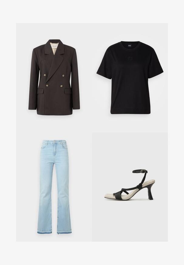 Tmavě hnědý dvouřadý blejzr s klopovými límci, dvěma předními kapsami a světlou podšívkou. Vyroben z hladkého, strukturovaného materiálu.; Černé bavlněné tričko s kulatým výstřihem, krátkými rukávy a vyšitým logem na hrudi. Jednoduchý, volný střih bez vzorů.; Světle modré rozšířené džíny vyrobené z denimové látky, s vysokým pasem, předními kapsami a surovým lemem na manžetách pro uvolněný vzhled.; Černé sandály na podpatku s pleteným designem pásku, čtveratou špičkou a nastavitelným páskem kolem kotníku. Světle béžová stélka s lesklým černým podpatkem.