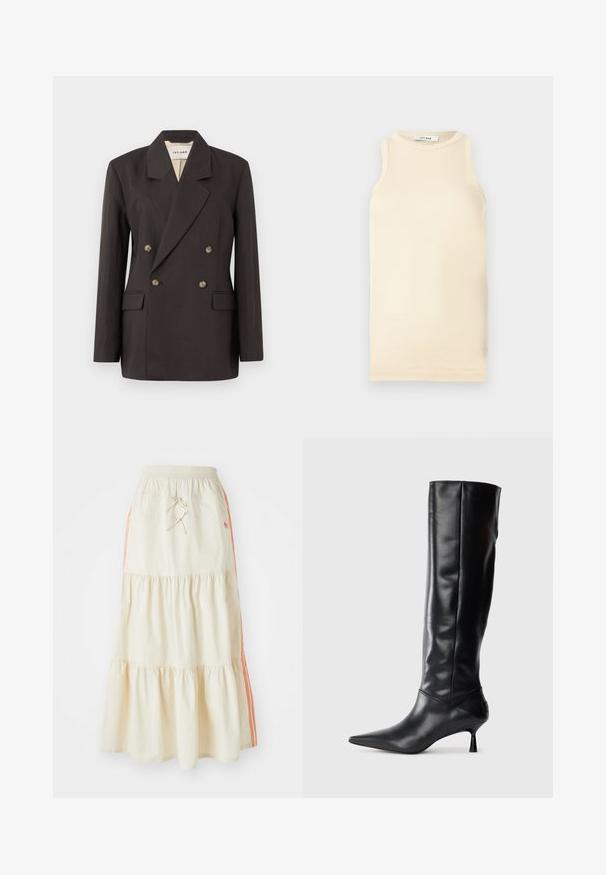Sötétbarna, dupla gombolású blézer, kihajtott gallérral, két elülső zsebbel és világos színű béléssel. Simább, struktúrált anyagból készült.; Fény bézs, ujjatlan felső, bordázott anyagból, kerek nyakkivágással és karcsúsított fazonnal. Simaszerkezet minimális varrásokkal.; Tejfehér, réteges midi szoknya elasztikus derékkal és húzózsinórral. Narancssárga oldalsávokkal és puha, sima pamut textúrával rendelkezik.; Fekete bőr, térd fölé érő csizma hegyes orral és karcsú, ívelt sarokkal. Sima tapintás, testhez simuló kialakítás, és látható fémalkatrészek vagy minták nélkül.