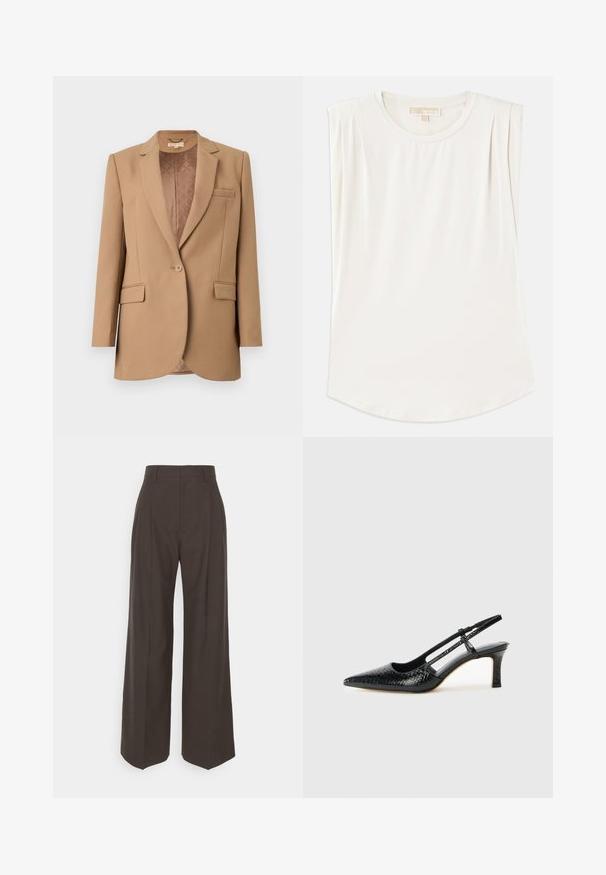 Barna blézer, amelynek hajtott gallérja van, egysoros gombzár, két elülső zseb és steppelt bélés. Testhez simuló fazon, sima textúrával.; Fehér, ujj nélküli felső, sima anyagból, kerek nyakkal és finom redőkkel a vállaknál, ívelt szegéllyel.; Sötétbarna, bő szárú nadrág magas derékkal, tisztán vasalt redőkkel, sima textúrával és testhez simuló fazonnal.; Fekete lakk slingback sarok, hegyes orral, texturált kígyómintával, állítható pánttal és rövid, texturált tömbsarkal.