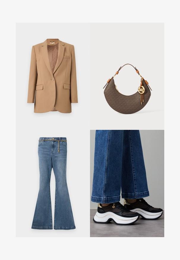 Blazer castanho com lapela recortada, fechamento com um botão, dois bolsos frontais e forro interior acolchoado. Corte ajustado com textura suave.; T-shirt branca cropped feita de algodão, com mangas curtas e o logótipo "MICHAEL KORS" em texto bordado correspondente na parte da frente.; Calças de ganga azul flare em denim de lavagem média, com um detalhe em corrente dourada na cintura e design padrão de cinco bolsos.; Ténis pretos e dourados com sola branca curva. Tecido texturizado com detalhes do logótipo. Combinados com calças largas de ganga azul.; Bolsa em forma de crescente castanha com alça de pele bege, detalhes em ouro e um pingente circular com o logótipo MK pendurado ao lado.