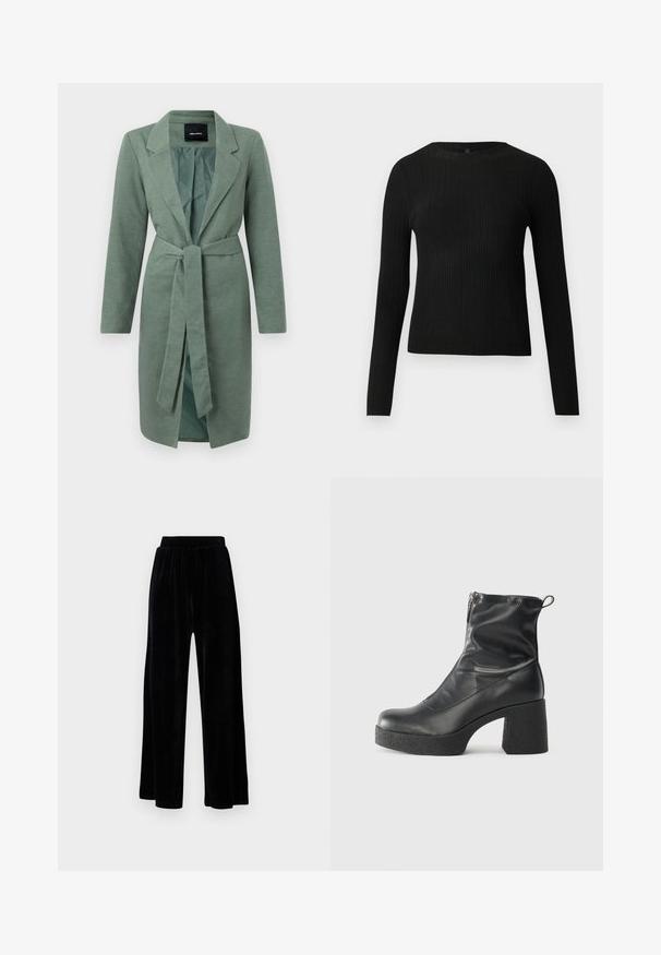 Žalias tekstūruotas paltas su ilgomis rankovėmis, iškirptėmis apykaklėmis ir diržu, kuris savarankiškai susiriša juosmens lygyje. Atviras priekis su kontrastingu vidiniu pamušalu.; Juoda dryžuota ilga rankovė prigludusi megztinis su apvalia iškirpte, pateiktas prieš paprastą šviesią fono.; Juoda plataus kirpimo kelnių pora, pagaminta iš minkštos velveto medžiagos, su elastingu juosmeniu ir glotnia tekstūra, be matomų detalių ar raštų.; Juodos kulkšninių botai, pagaminti iš lygaus odos, su šoniniu užtrauktuku, masyviu tekstūruotu kulnu ir apvaliu pirštu.