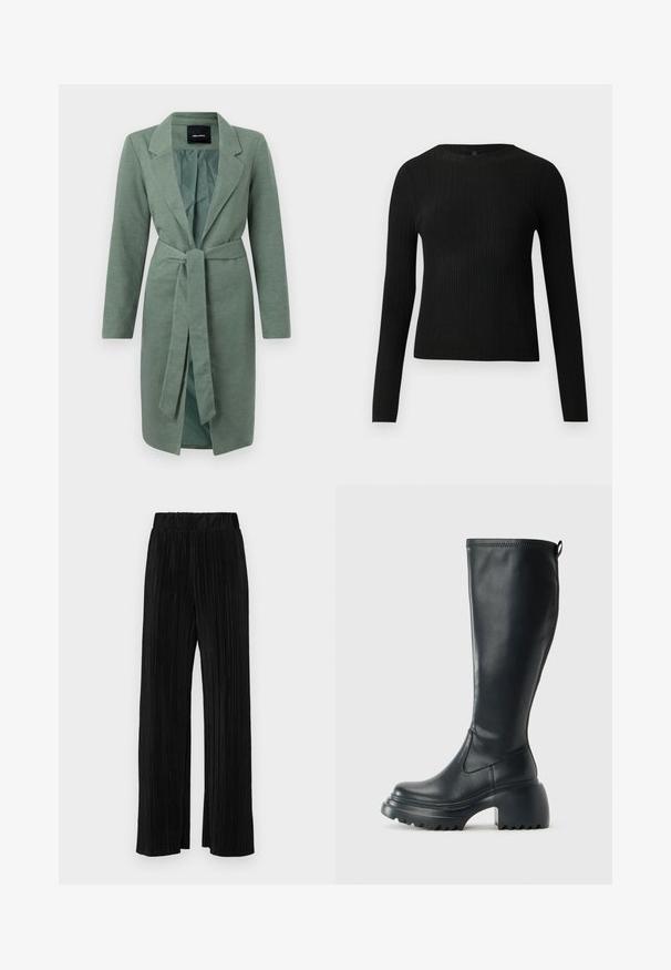 Casaco verde texturizado com mangas longas, colarinho com recortes e cinto próprio para atar na cintura. Frente aberta com forro interior em contraste.; Suéter preto de mangas compridas com textura canelada, justo ao corpo, com um decote redondo, exibido contra um fundo claro e liso.; Calças pregueadas pretas com uma cintura elástica. Apresentam pernas largas e um tecido liso, texturizado com riscas verticais.; Bota preta de couro alta com sola de plataforma robusta e salto bloco, apresentando puxador e padrão texturizado na sola.