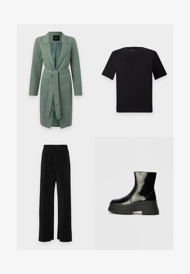 Zielony, teksturowany płaszcz z długimi rękawami, klapami i wiązanym paskiem w talii. Otwarty przód z kontrastową podszewką.; Czarna koszulka z krótkim rękawem o okrągłym dekolcie, wykonana z miękkiej bawełny. Prosty design, bez widocznych logo ani wzorów.; Czarne spodnie plisowane z elastycznym paskiem w talii. Posiadają szerokie nogawki oraz gładki, teksturowany materiał z pionowymi paskami.; Czarne błyszczące botki sięgające kostki z grubą podeszwą i zaokrąglonym czubkiem, widok z boku na jednolity jasnoszary tle.