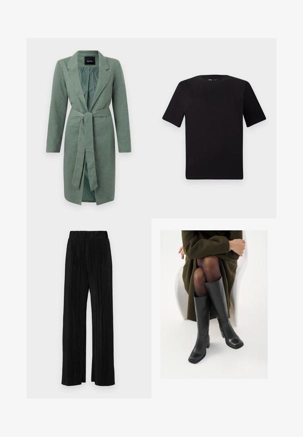 Green textured coat with long sleeves, notched collar, and self-tie belt at waist. Open front with contrasting inner lining.; Black short-sleeve t-shirt with a round neckline, crafted from soft cotton fabric. Simple design, no visible logos or patterns.; Black pleated trousers with an elastic waistband. Features wide legs and a smooth, textured fabric with vertical stripes.; Knee-high black leather boots with a squared toe and block heel, shown with a model seated in an olive green coat. Smooth texture, minimal detailing.